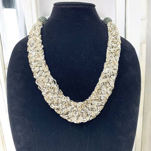 Jewelry - Braided Rope Style Seed Bead Necklace Silver Grey Ivory Lobster Clasp 24"L